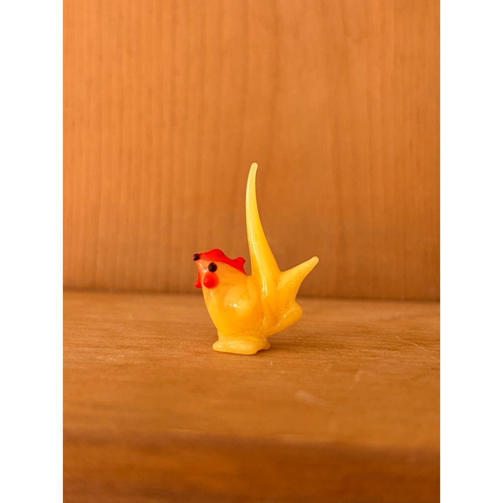 Vintage Miniature Hand Blown Yellow Glass Chicken Figurine Tiny Rooster Art